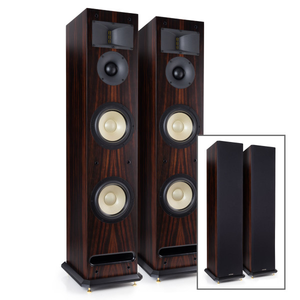 Level Three Tower Speakers - Macassar Ebony - with and without grilles